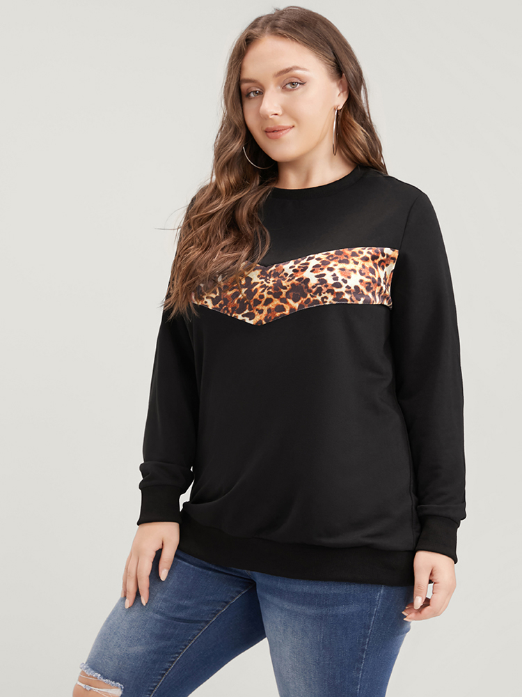 Plus Size Women Dailywear Leopard Patchwork Regular Regular Sleeve Long Sleeve Round Neck Casual Sweatshirts BloomChic 