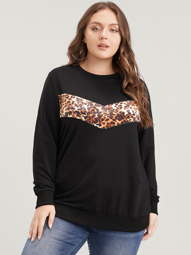 Plus Size Women Dailywear Leopard Patchwork Regular Regular Sleeve Long Sleeve Round Neck Casual Sweatshirts BloomChic 