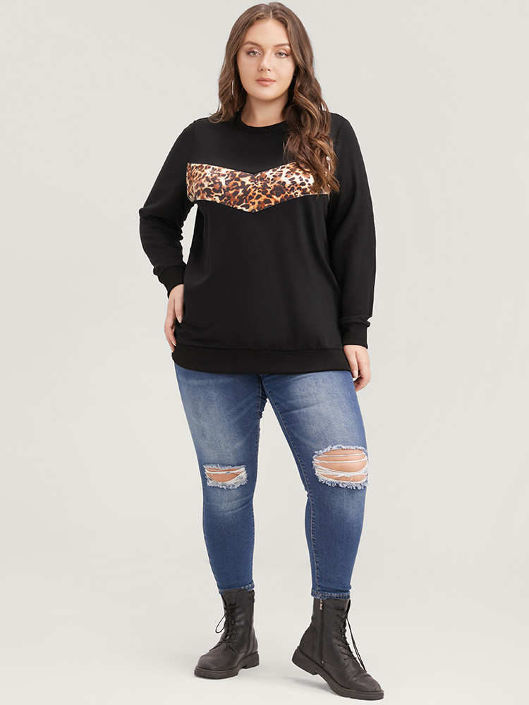 Plus Size Women Dailywear Leopard Patchwork Regular Regular Sleeve Long Sleeve Round Neck Casual Sweatshirts BloomChic 