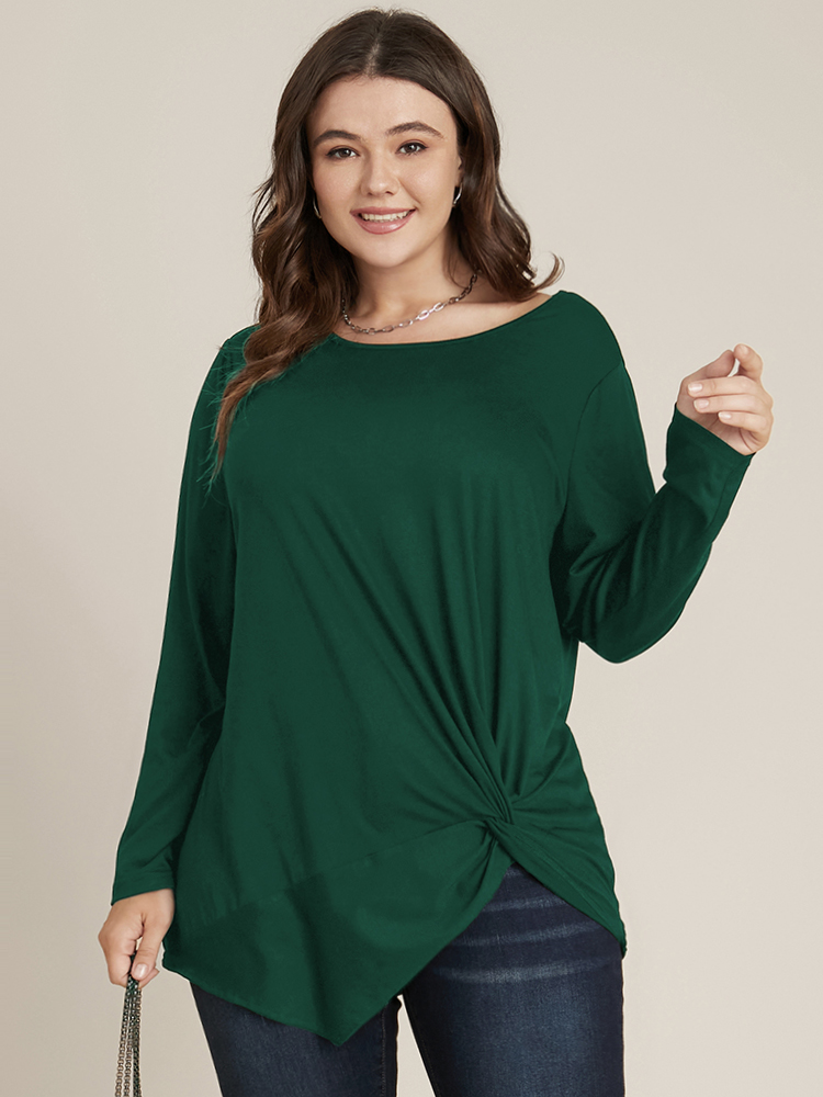 

Plus Size Solid Round Neck Twist Front Long Tee DarkGreen Women Elegant Plain Plain Round Neck Dailywear T-shirts BloomChic