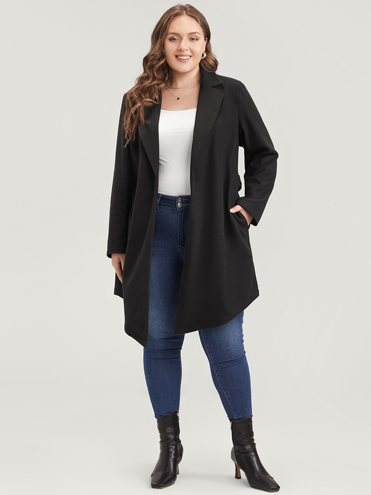 

Plus Size Solid Open Front Belted Asymmetrical Hem Blazer Black Women Work Plain Belted Sleeve Long Sleeve Suit Collar  Pocket Belt Casual Blazers BloomChic