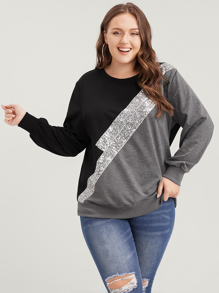 

Plus Size Colorblock Contrast Sequin Drop Shoulder Sweatshirt Women DimGray Casual Contrast Round Neck Dailywear Sweatshirts BloomChic