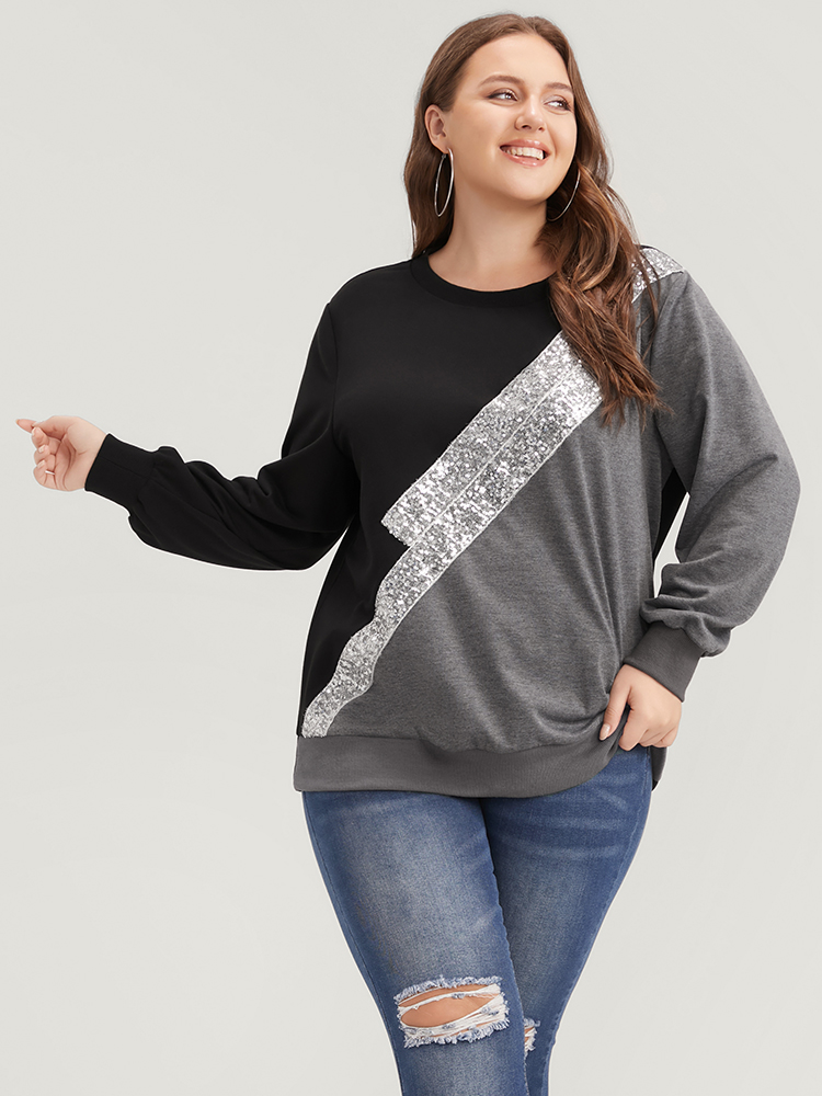 

Plus Size Colorblock Contrast Sequin Drop Shoulder Sweatshirt Women DimGray Casual Contrast Round Neck Dailywear Sweatshirts BloomChic