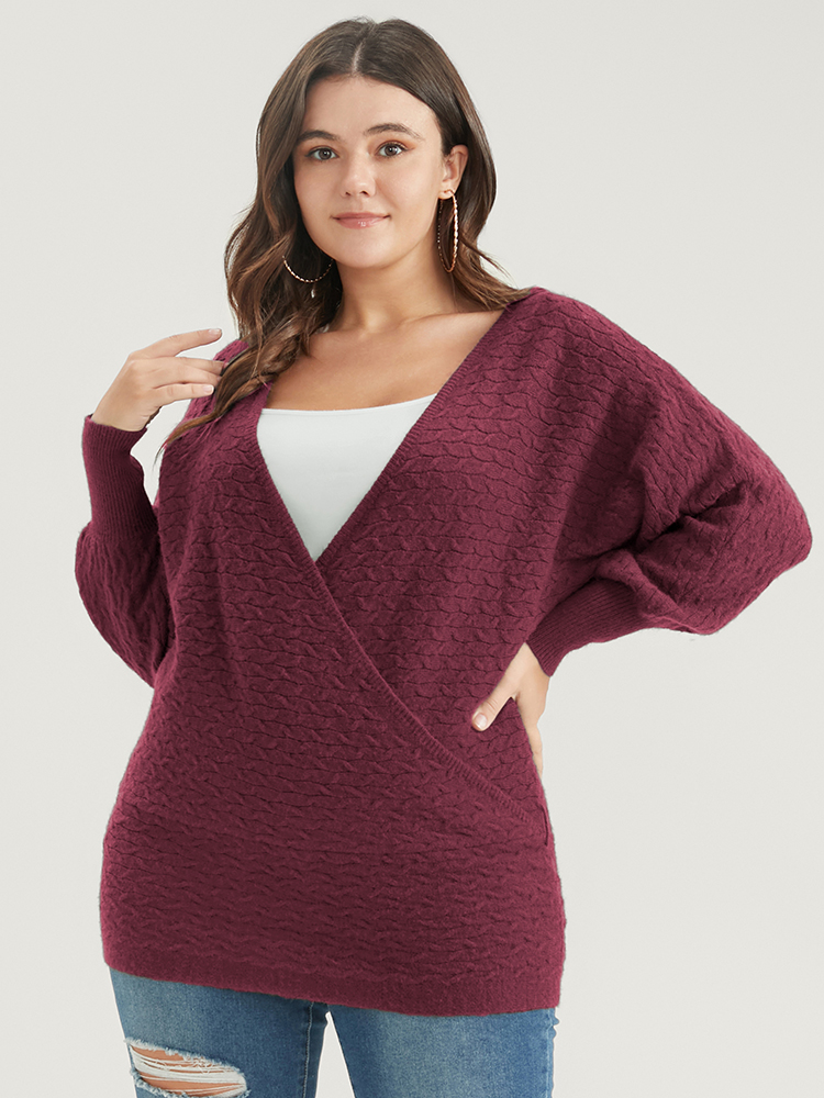 

Plus Size Solid Super Soft Plush Knit Dolman Sleeve Wrap Knit Top Russet Women Elegant Long Sleeve Deep V-neck Dailywear Pullovers BloomChic