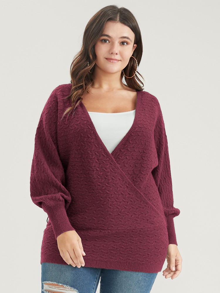 

Plus Size Solid Super Soft Plush Knit Dolman Sleeve Wrap Knit Top Russet Women Elegant Long Sleeve Deep V-neck Dailywear Pullovers BloomChic