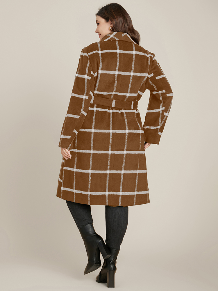 

Plus Size Plaid Lapel Collar Belted Pocket Coat Women Bronze Elegant Belted Ladies Dailywear Winter Coats BloomChic