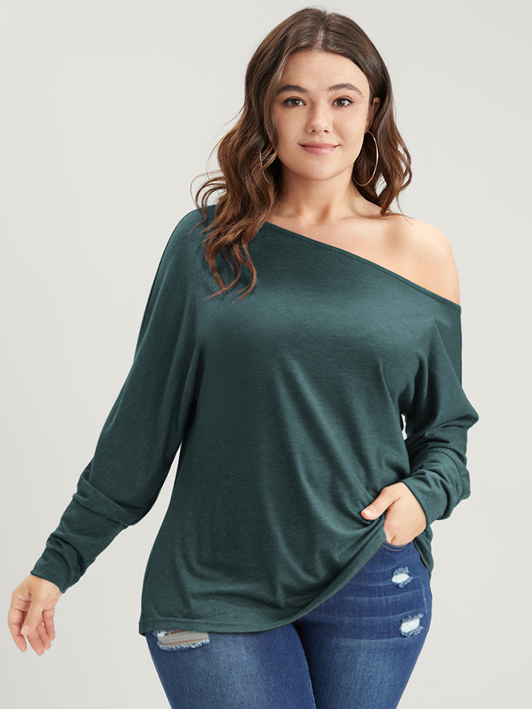 

Plus Size Solid One Shoulder Long Tee DarkSlateGray One Shoulder Long Sleeve Casual Jersey Tops