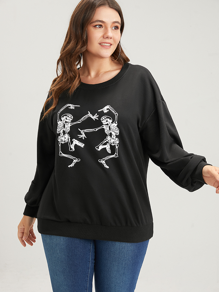 Plus Size Women Dailywear Skull Print Plain Loose Regular Sleeve Long Sleeve Round Neck Casual Sweatshirts BloomChic 