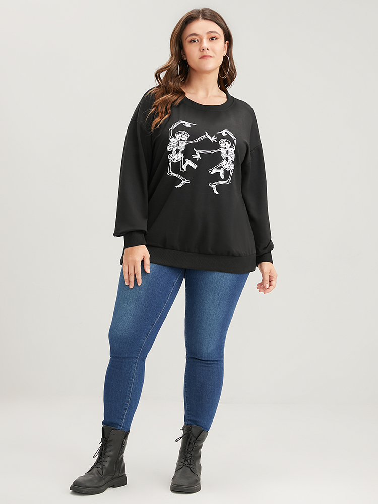 Plus Size Women Dailywear Skull Print Plain Loose Regular Sleeve Long Sleeve Round Neck Casual Sweatshirts BloomChic 