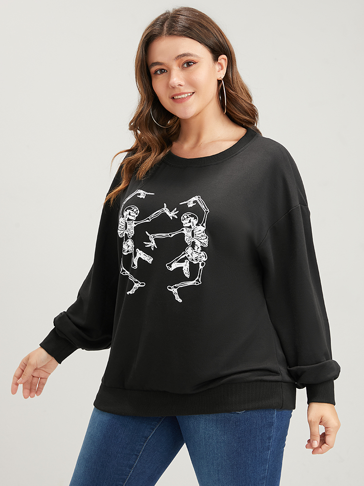 Plus Size Women Dailywear Skull Print Plain Loose Regular Sleeve Long Sleeve Round Neck Casual Sweatshirts BloomChic 