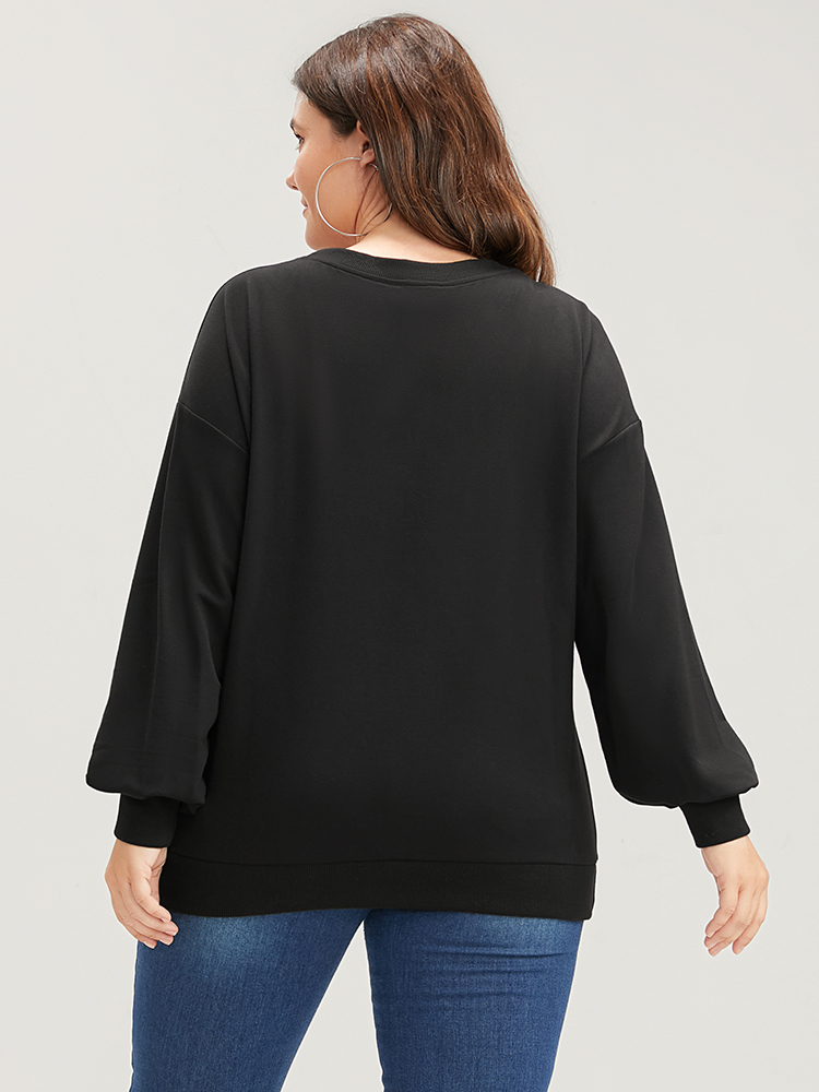 Plus Size Women Dailywear Skull Print Plain Loose Regular Sleeve Long Sleeve Round Neck Casual Sweatshirts BloomChic 
