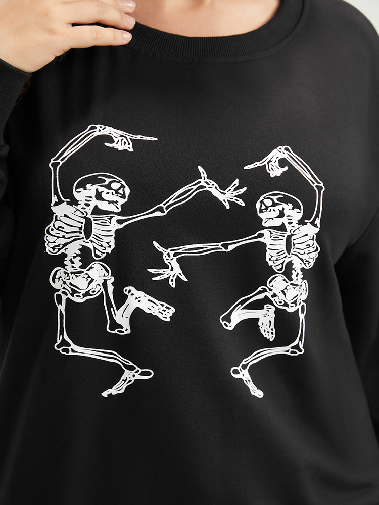 Plus Size Women Dailywear Skull Print Plain Loose Regular Sleeve Long Sleeve Round Neck Casual Sweatshirts BloomChic 