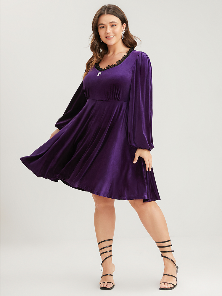 

Solid Party High Waist Vintage Plus Size Women Knee Dress Going out Plain Pocket Moderately Stretchy Lantern Sleeve Long Sleeve V Neck Glamour Dresses BloomChic, Eggplant