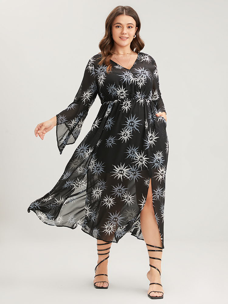 

Plus Size Halloween Sun Print Bell Sleeve Mesh Split Dress Black Women Party Gathered V-neck Long Sleeve Curvy Midi Dress BloomChic