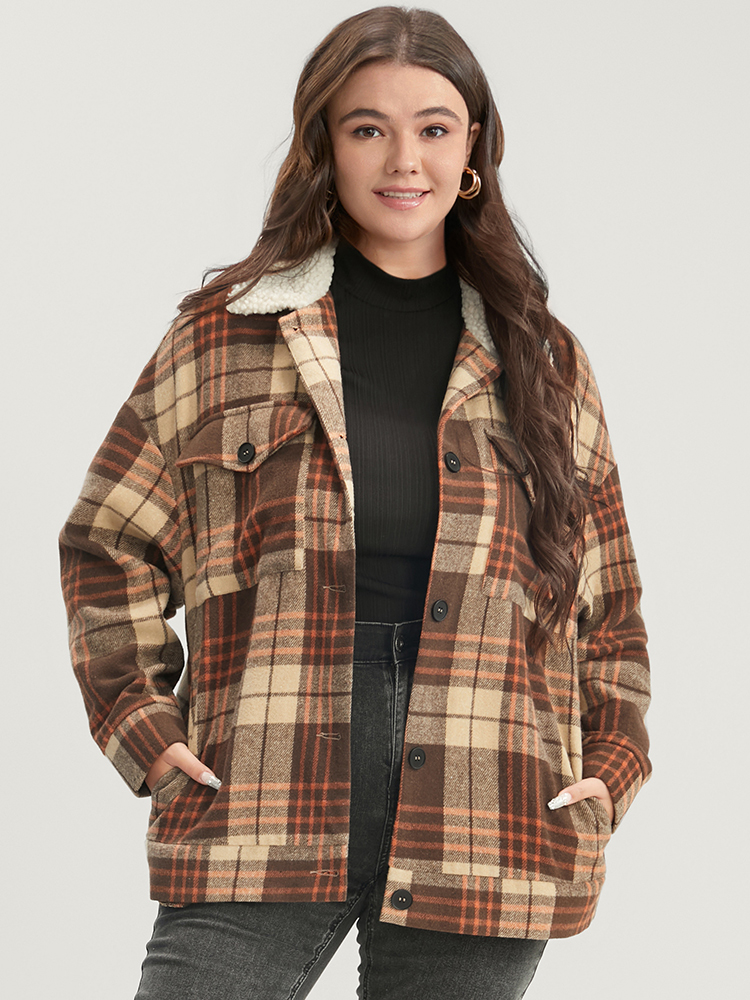 

Plus Size Plaid Flap Pocket Button Up Coat Women Chocolate Casual Contrast Ladies Dailywear Winter Coats BloomChic