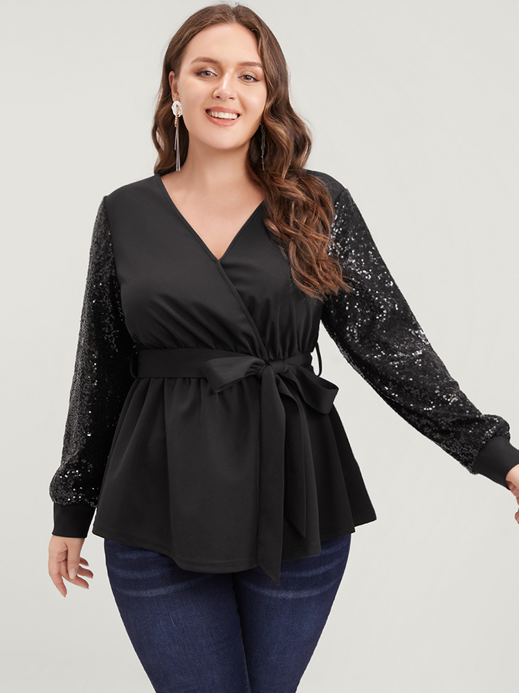 

Plus Size Black Solid Sequin Belted Surplice Neck Blouse Women Party Long Sleeve V-neck Going out Blouses BloomChic