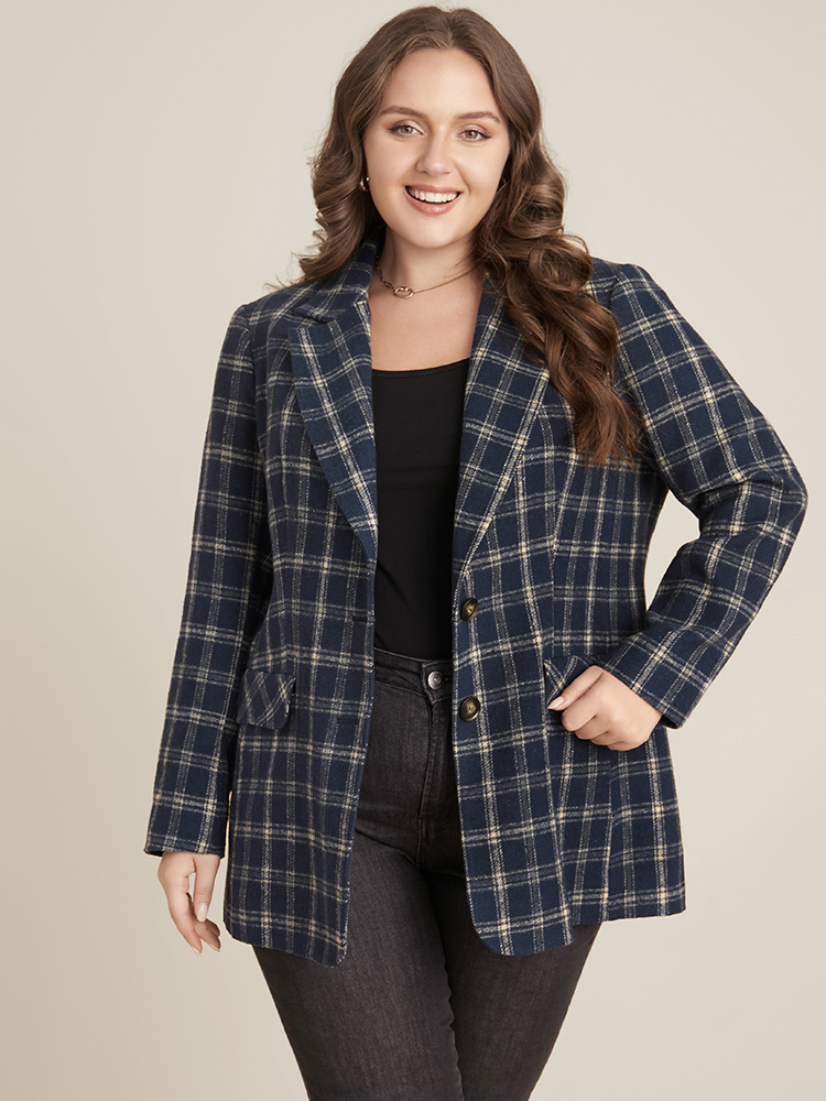 

Plus Size Plaid Contrast Suit Collar Button Through Flap Pocket Blazer DarkBlue Women Work Plaid Pocket Sleeve Long Sleeve Suit Collar  Pocket Office Blazers BloomChic