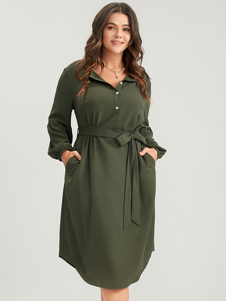 

Plus Size Solid Lantern Sleeve Button Pocket Belted Arc Hem Dress ArmyGreen Women Office Belted Round Neck Long Sleeve Curvy Midi Dress BloomChic