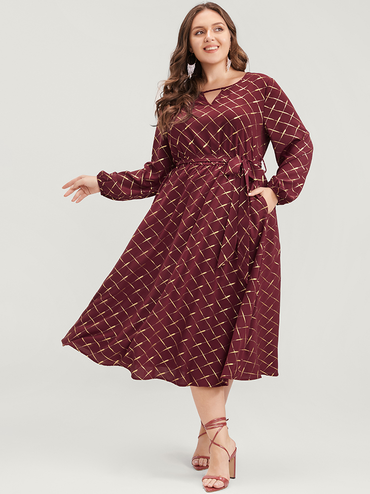 

Plus Size Geometric Lantern Sleeve Pocket Keyhole Round Neck Belted Dress Scarlet Women Party Elastic Waist Round Neck Long Sleeve Curvy Midi Dress BloomChic