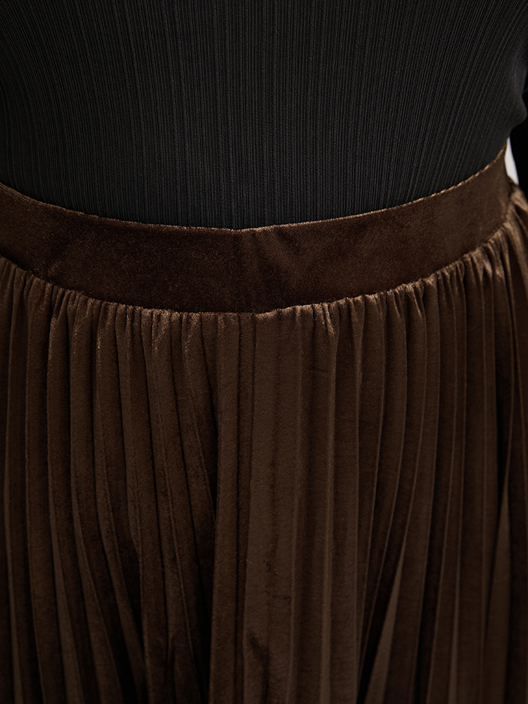 

Plus Size Colorblock Contrast Elastic Waist Lace Hem Velvet Pleated Skirt Women DarkBrown Party Lace Medium stretch Going out Skirts BloomChic