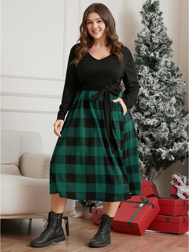 

Plus Size Solid Patchwork Pocket Belted Plaid Dress DarkGreen Women Elegant Belted V-neck Long Sleeve Curvy Midi Dress BloomChic