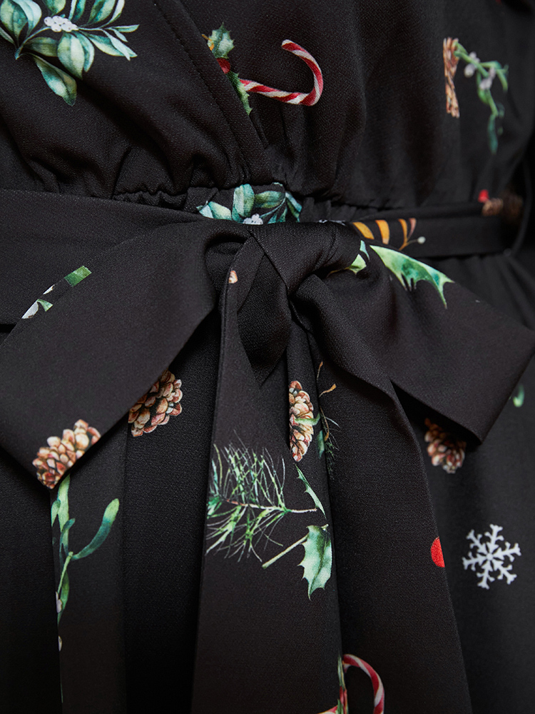 

Plus Size Snowflake & Plant Print Wrap Lantern Sleeve Pocket Belted Dress Black Women Elegant Belted V-neck Long Sleeve Curvy Midi Dress BloomChic