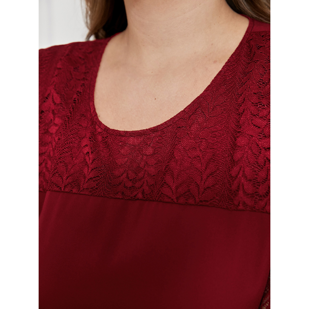 

Plus Size Solid Lantern Sleeve Pocket Belted Contrast Lace Dress Burgundy Women Belted Round Neck Long Sleeve Curvy Midi Dress BloomChic