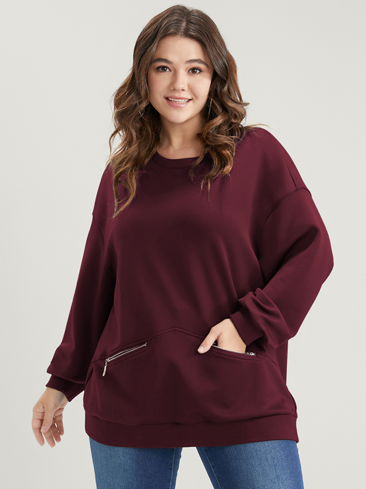 

Plus Size Solid Zipper Pocket Drop Shoulder Sweatshirt Women Burgundy Casual Zipper Round Neck Dailywear Sweatshirts BloomChic