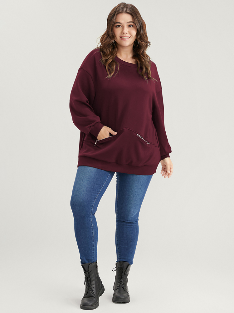 

Plus Size Solid Zipper Pocket Drop Shoulder Sweatshirt Women Burgundy Casual Zipper Round Neck Dailywear Sweatshirts BloomChic