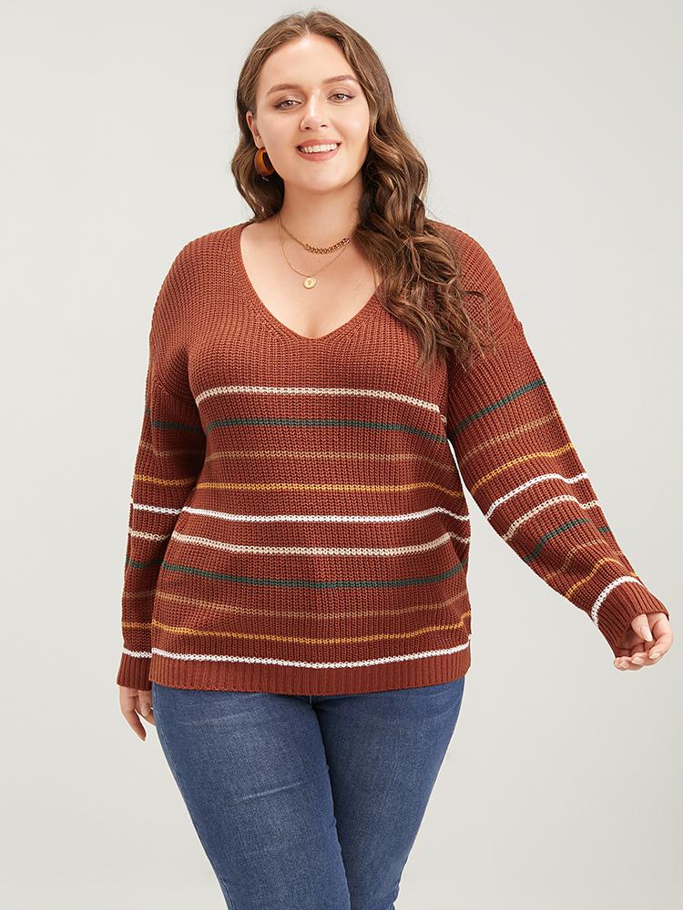 

Plus Size Striped Contrast Pointelle Knit V Neck Knit Top Maroon Women Elegant Loose Long Sleeve V-neck Dailywear Pullovers BloomChic