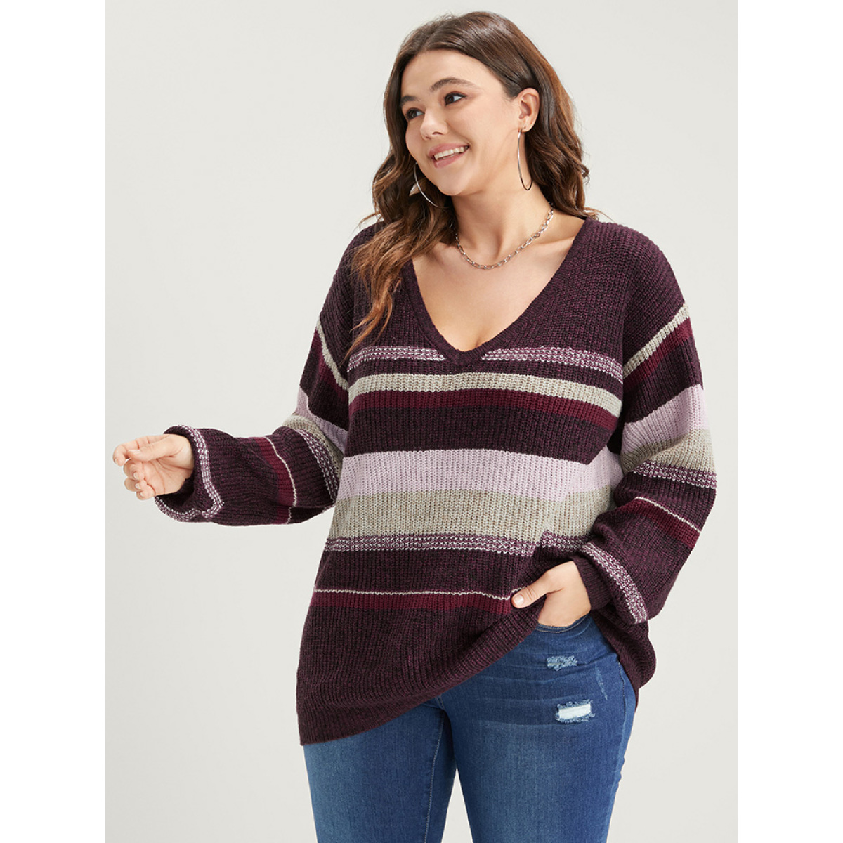 

Plus Size Striped Contrast Spacedye Knit V Neck Heather Knit Top Multicolor Women Casual Loose Long Sleeve V-neck Dailywear Pullovers BloomChic