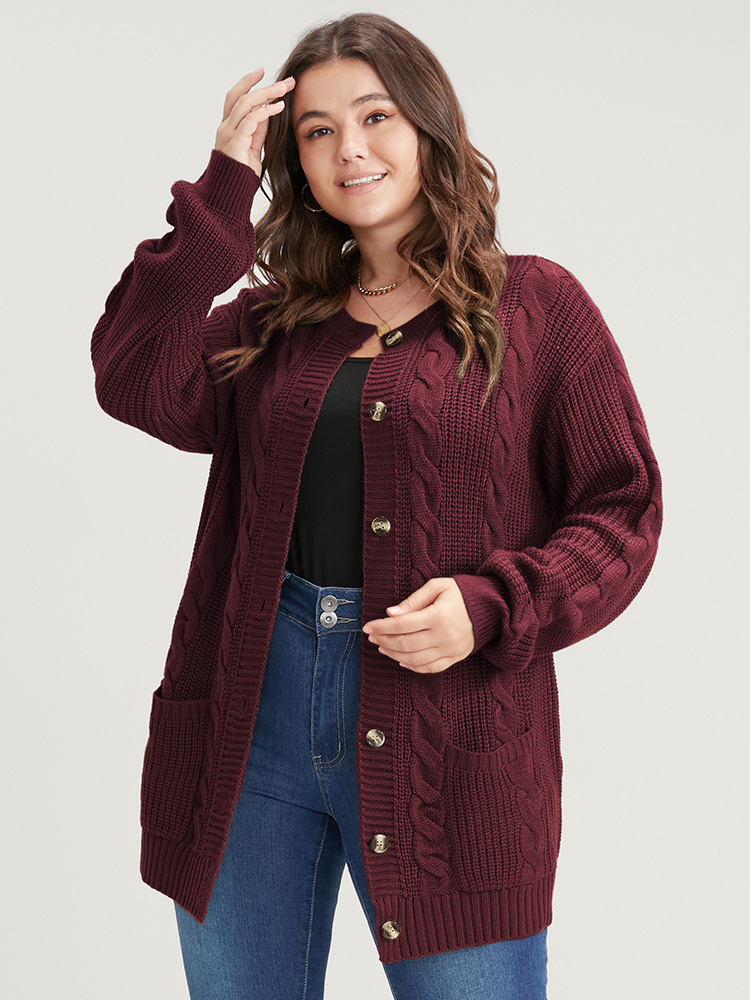 

Plus Size Solid Pointelle Knit Cable Knit Button Front Cardigan Rust Women Casual Loose Long Sleeve Work Cardigans BloomChic