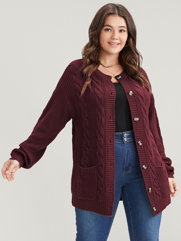 Plus Size Solid Pointelle Knit Cable Knit Button Front Cardigan Rust Women Casual Loose Long Sleeve Work Cardigans BloomChic 10/M 