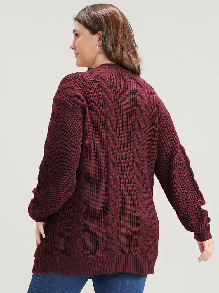 Plus Size Solid Pointelle Knit Cable Knit Button Front Cardigan Rust Women Casual Loose Long Sleeve Work Cardigans BloomChic 10/M 