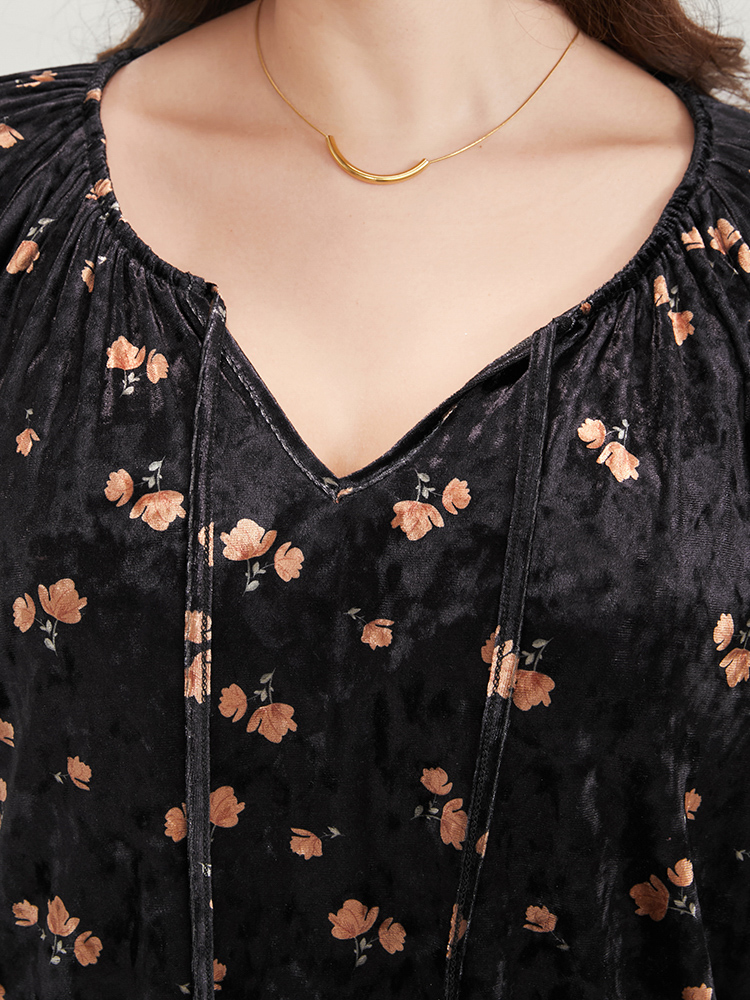 Plus Size Women Going out Ditsy Floral Tassels Lantern Sleeve Long Sleeve Tie Neck Party Blouses BloomChic 