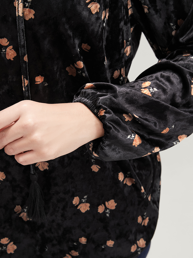 Plus Size Women Going out Ditsy Floral Tassels Lantern Sleeve Long Sleeve Tie Neck Party Blouses BloomChic 