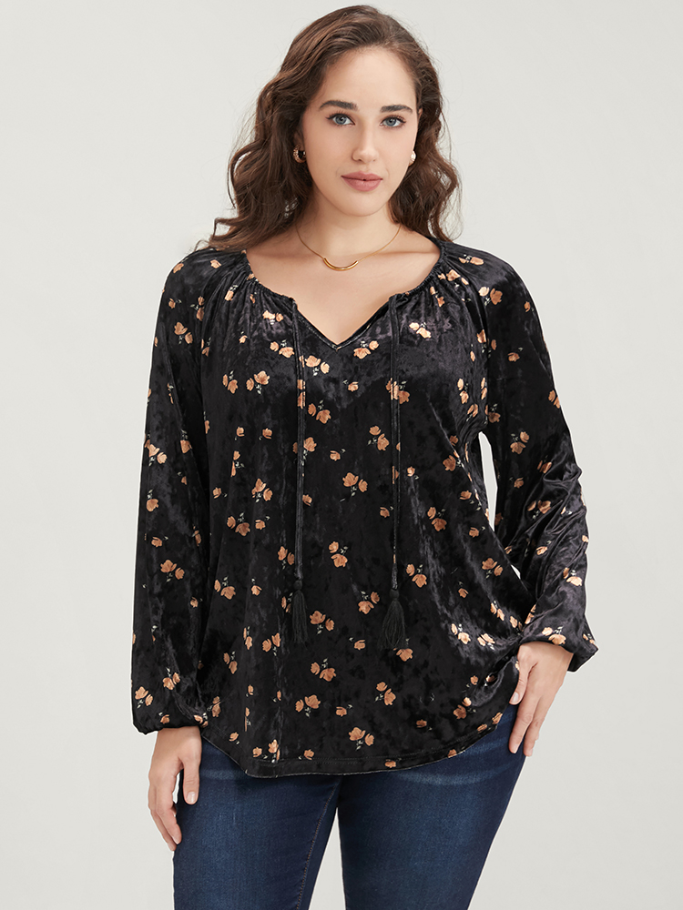 Plus Size Women Going out Ditsy Floral Tassels Lantern Sleeve Long Sleeve Tie Neck Party Blouses BloomChic 