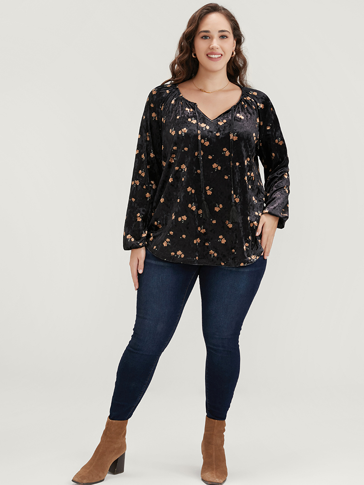 Plus Size Women Going out Ditsy Floral Tassels Lantern Sleeve Long Sleeve Tie Neck Party Blouses BloomChic 