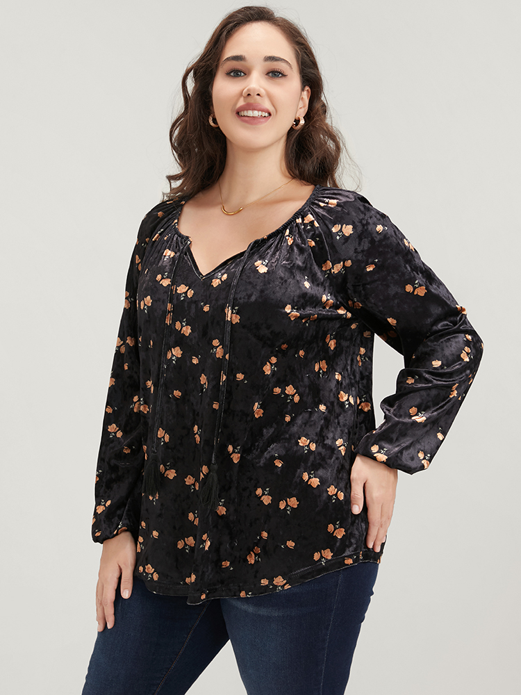 Plus Size Women Going out Ditsy Floral Tassels Lantern Sleeve Long Sleeve Tie Neck Party Blouses BloomChic 