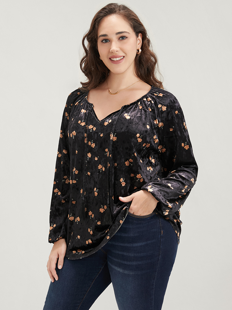 Plus Size Women Going out Ditsy Floral Tassels Lantern Sleeve Long Sleeve Tie Neck Party Blouses BloomChic 