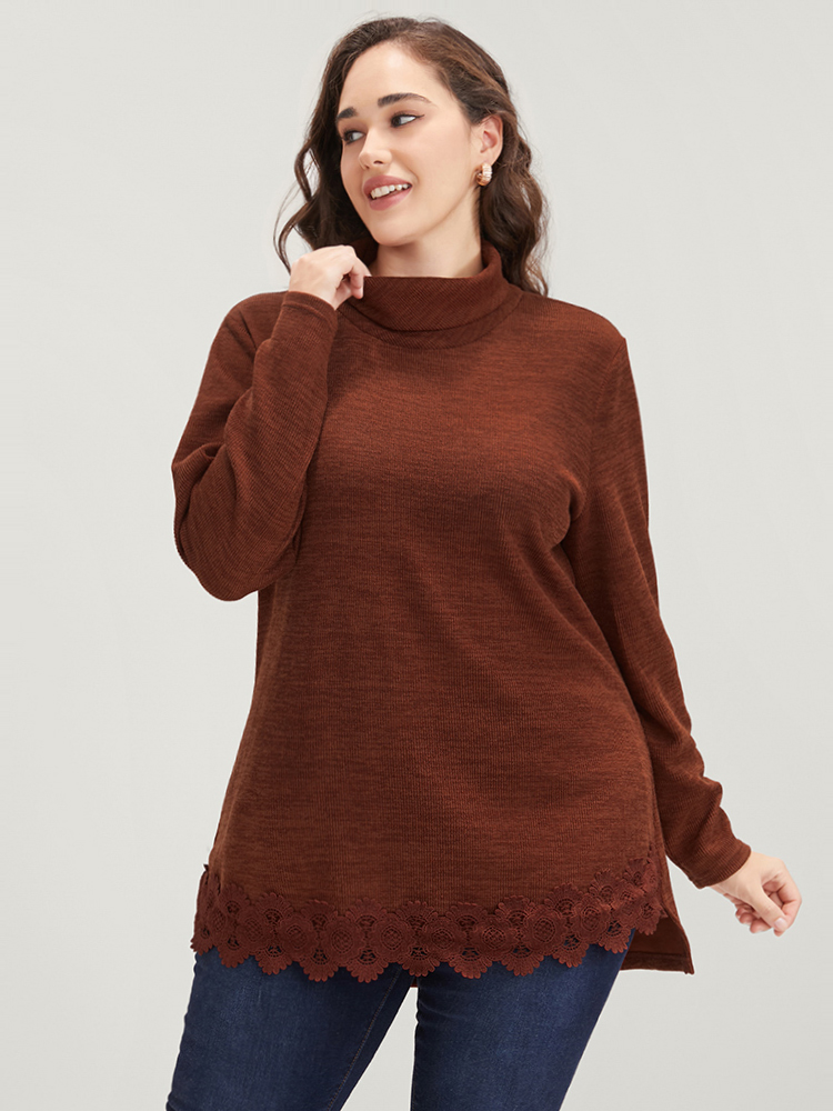 

Plus Size Solid Lace Asymmetrical Hem Funnel Neck Sweatshirt Women Russet Elegant Patchwork Turtleneck Dailywear Sweatshirts BloomChic