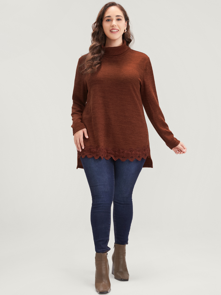 Plus Size Solid Lace Asymmetrical Hem Funnel Neck Sweatshirt Women Russet Elegant Patchwork Turtleneck Dailywear Sweatshirts BloomChic 14-16/1X 