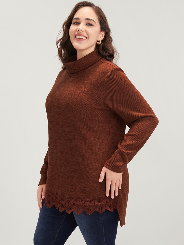 Plus Size Solid Lace Asymmetrical Hem Funnel Neck Sweatshirt Women Russet Elegant Patchwork Turtleneck Dailywear Sweatshirts BloomChic 14-16/1X 