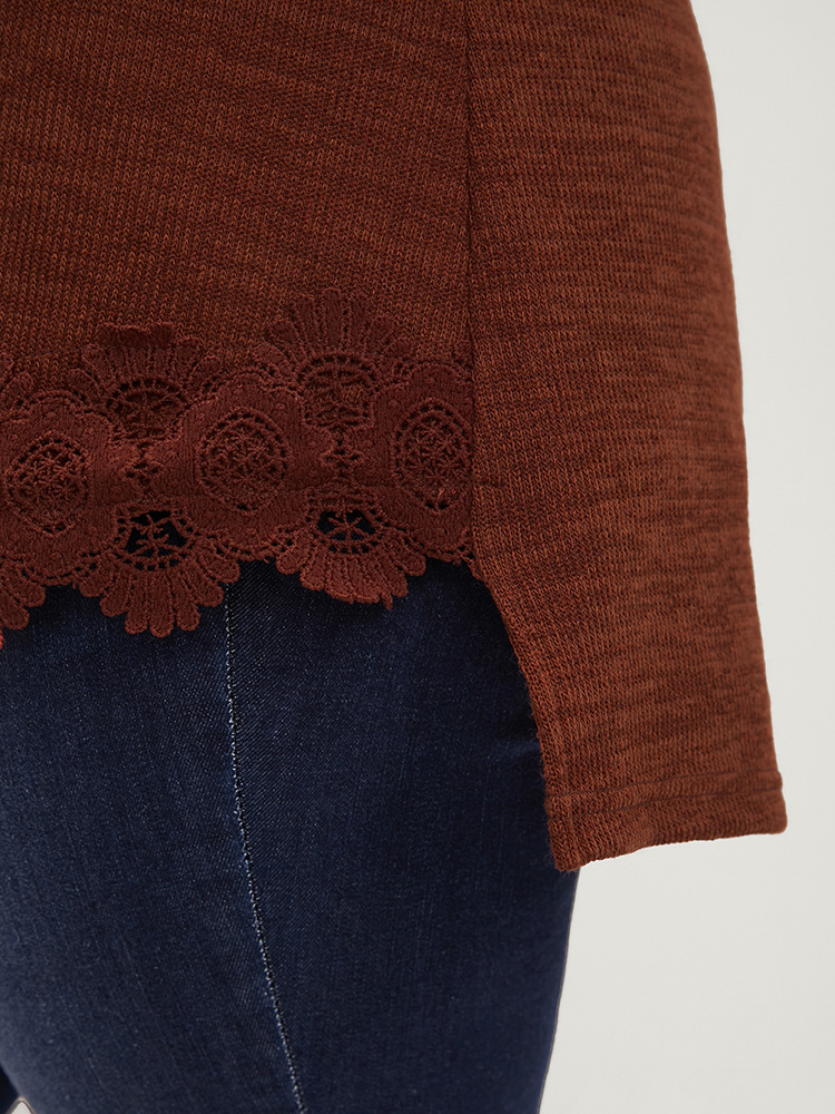 Plus Size Solid Lace Asymmetrical Hem Funnel Neck Sweatshirt Women Russet Elegant Patchwork Turtleneck Dailywear Sweatshirts BloomChic 14-16/1X 
