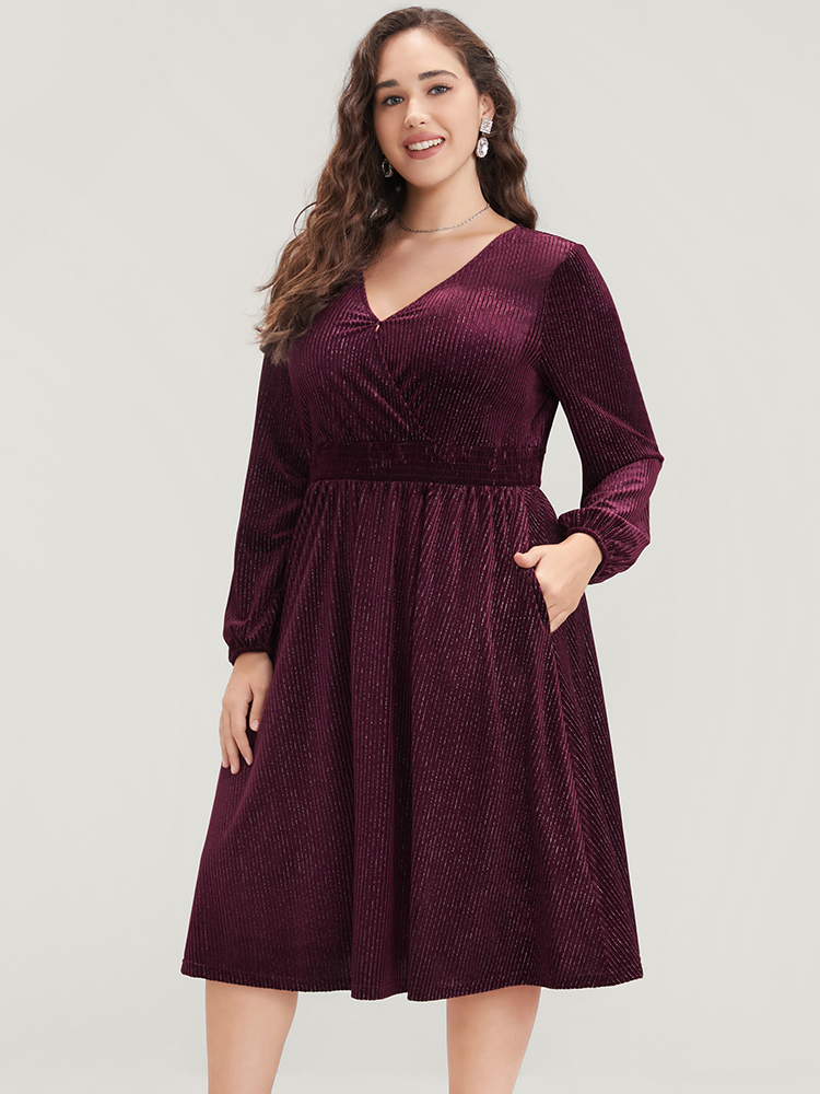 Plus Size Glitter Lantern Sleeve Surplice Neck Shirred Dress Burgundy Women Party Plain V-neck Long Sleeve Curvy Knee Dress BloomChic 14-16/1X 