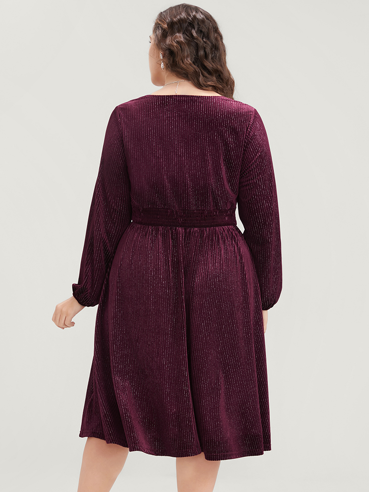 Plus Size Glitter Lantern Sleeve Surplice Neck Shirred Dress Burgundy Women Party Plain V-neck Long Sleeve Curvy Knee Dress BloomChic 14-16/1X 