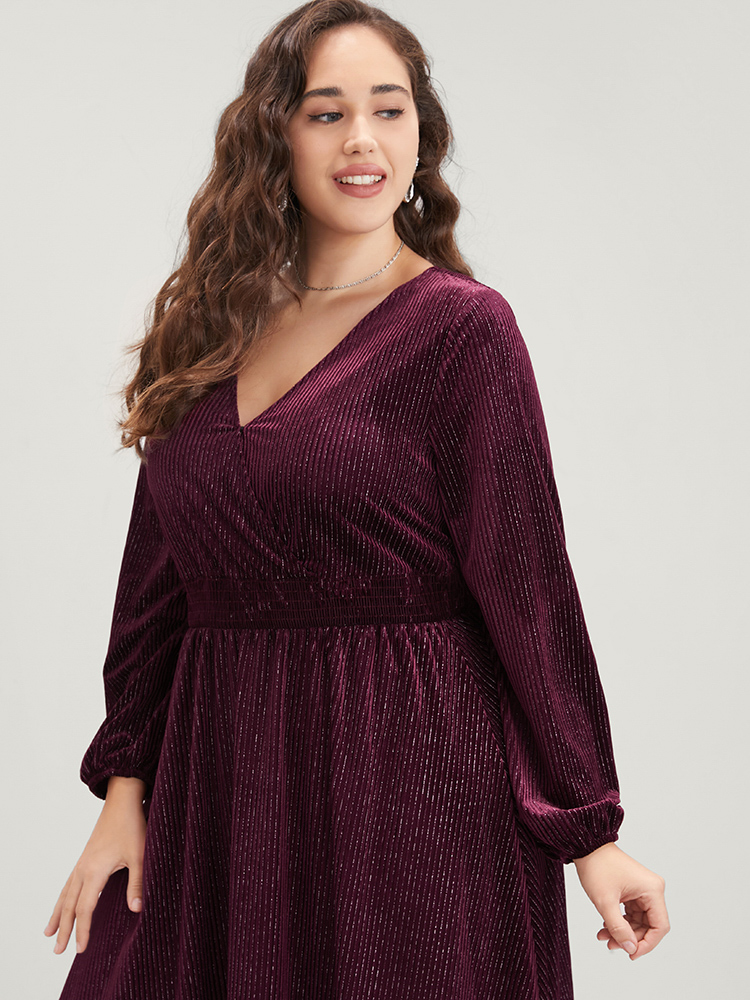 Plus Size Glitter Lantern Sleeve Surplice Neck Shirred Dress Burgundy Women Party Plain V-neck Long Sleeve Curvy Knee Dress BloomChic 14-16/1X 