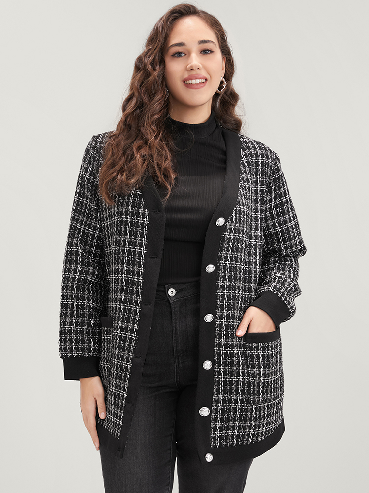 

Plus Size Contrast Trim Pocket Button Up Plaid Tweed Coat Women Black Office Ladies Work Winter Coats BloomChic