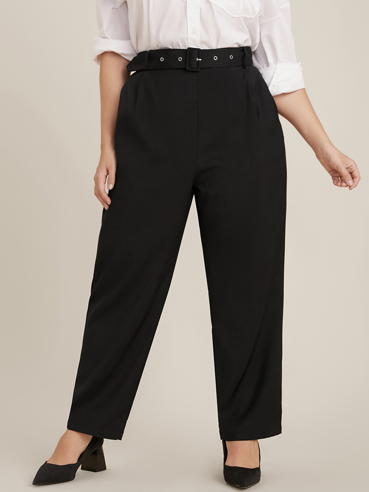 

Plus Size Solid Mid Rise Pocket Belted Pants Women Black Office Mid Rise Work Pants BloomChic