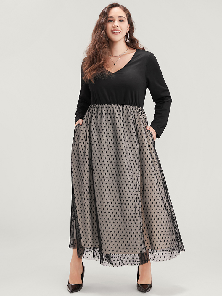 

Plus Size Solid Patchwork Pocket V Neck Polka Dot Mesh Dress Black Women Glamour Pocket V-neck Long Sleeve Curvy Long Dress BloomChic